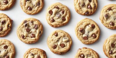 Group of chocolate chip cookies neatly arranged on a flat surface, meal photography photo