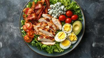 Cobb salad on a plate with rows of chicken, bacon, avocado, eggs, tomatoes, and blue cheese, meal photography photo