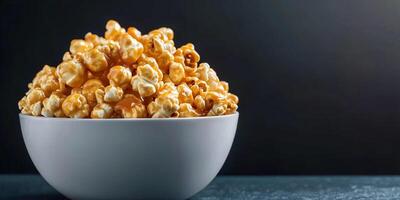 Large bowl of caramel corn, with coated popcorn kernels overflowing, food setting photo