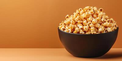 Large bowl of caramel corn, with coated popcorn kernels overflowing, meal photography photo