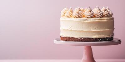 Layered cake with smooth icing and decorative piping on a cake stand, meal photography photo