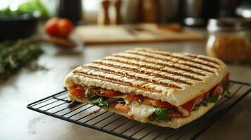 Panini displayed on a wire cooling rack over a kitchen countertop, meal photography photo