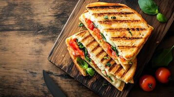 Panini sliced open on a wooden surface with a butter knife beside it, meal photography photo