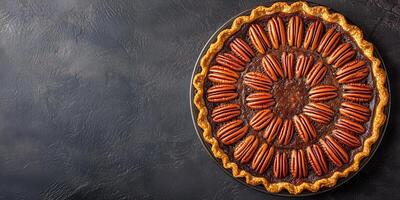 Pecan pie with a glossy top, filled with whole pecans arranged in a circular pattern, meal photography photo