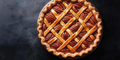 Pecan pie with a lattice top, filled with whole pecans in a thick, sticky mixture, food setting photo