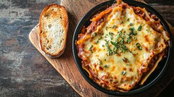 Portion of baked lasagna with layers of pasta, cheese, and sauce, served with bread, meal photography photo