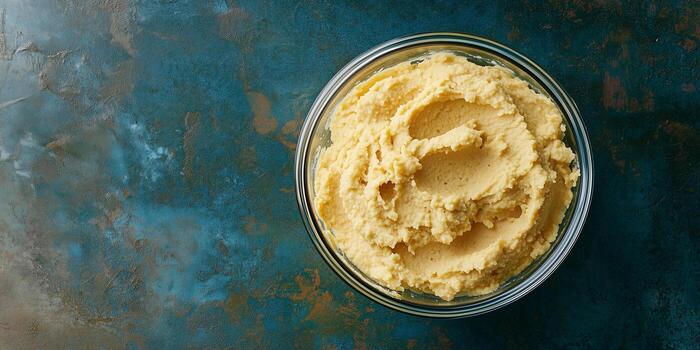 Hummus in a clear container, consistent texture, no elements, food setting photo