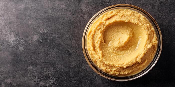 Hummus in a clear container, consistent texture, no elements, meal photography photo