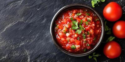Salsa in a simple bowl with no visible garnishes or toppings, food setting photo