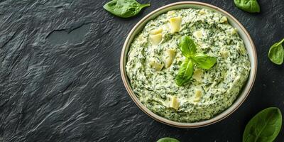 Portion of spinach artichoke dip in small ramekin, no extra components or features, meal photography photo