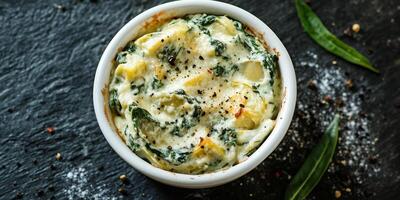Portion of spinach artichoke dip in small ramekin, no extra components or features, food setting photo