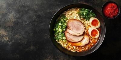 Ramen dish with noodles, meat, and vegetables on a table, meal photography photo