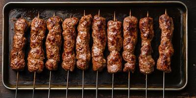 Row of beef kebabs on a metal tray, centered and parallel, meal photography photo