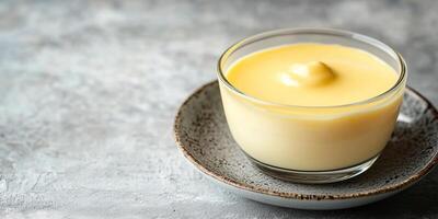 Single portion of pudding served in small glass dish, without toppings, meal photography photo
