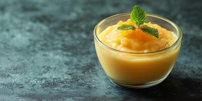 Single portion of pudding served in small glass dish, without toppings, food setting photo