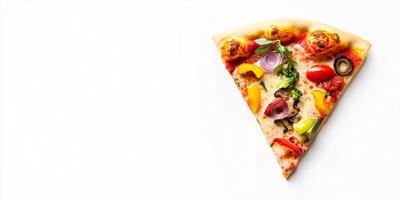 Single vegetarian pizza slice with various vegetable toppings on a white background, food setting photo