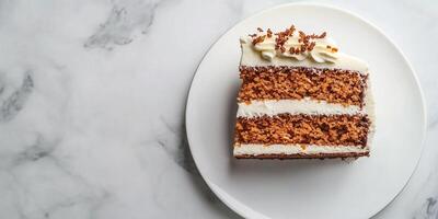 Slice of carrot cake with distinct layers on a flat dessert plate, food setting photo