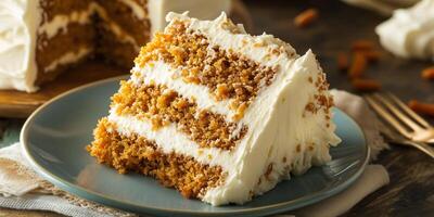 Slice of carrot cake on a plate, showing moist texture and frosting, meal photography photo