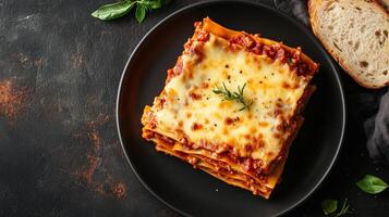 Slice of lasagna with pasta, cheese, and sauce, on a plate with a slice of bread, meal photography photo