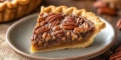 Slice of pecan pie on a plate, showing the dense filling and crisp crust, food setting photo