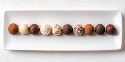 Chocolate truffles arranged in a straight line on a white plate, meal photography photo