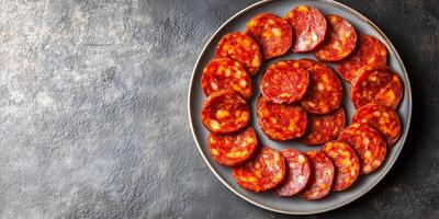 Chorizo slices arranged in a circle on a small serving plate, meal photography photo