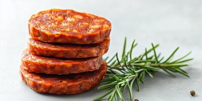 Chorizo slices stacked on top of each other next to a sprig of rosemary, food setting photo