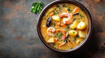 Chowder soup in a deep bowl with seafood, potatoes, and vegetables, food setting photo