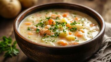 Chowder soup in a shallow dish with seafood, potatoes, and vegetables, meal photography photo