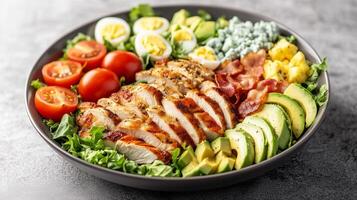Cobb salad in a shallow dish with rows of chicken, bacon, eggs, avocado, tomatoes, and blue cheese, meal photography photo