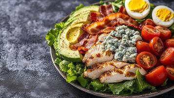 Cobb salad on a serving dish with chicken, bacon, avocado, eggs, tomatoes, and blue cheese crumbles, food setting photo