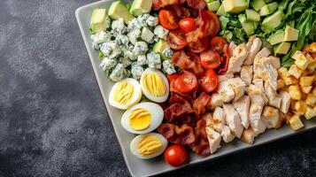 Cobb salad on a square plate with rows of chicken, bacon, eggs, avocado, tomatoes, and blue cheese, meal photography photo