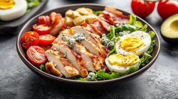 Cobb salad in a bowl arranged with chicken, bacon, avocado, eggs, tomatoes, and blue cheese crumbles, food setting photo