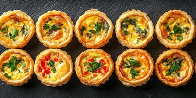 Mini quiches laid out neatly in a row on a long tray, food setting photo