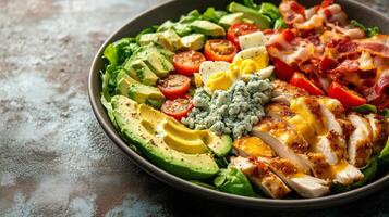 Cobb salad in a dish with rows of chicken, bacon, eggs, avocado, tomatoes, and blue cheese, meal photography photo