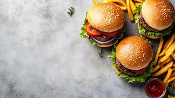 Sliders with beef patties, lettuce, and tomato arranged on a tray, meal photography photo