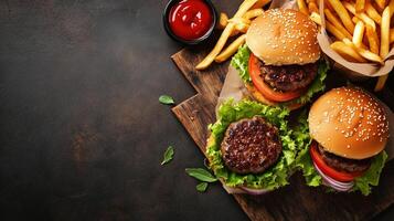 Sliders with beef patties, lettuce, and tomato arranged on a tray, food setting photo