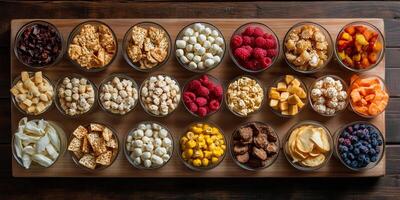 Various bite-sized snacks displayed on a wooden board in organized pattern, meal photography photo