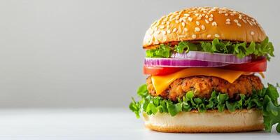 Vegan burger with plant-based patty, placed horizontally on a clean background, meal photography photo