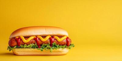 Veggie dog with a plant-based sausage topped with mustard and ketchup, meal photography photo