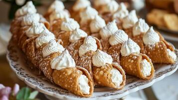 Platter of cannoli, with crispy shells filled with ricotta cheese mixture, arranged in a line, culinary photography photo