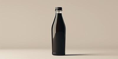 Probiotic drink bottle with screw cap, filled with dark liquid, on plain background, culinary photography photo