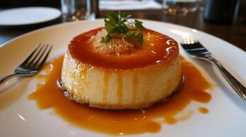 Portion of flan with caramel sauce topping, on a dish with a fork beside it, culinary photography photo
