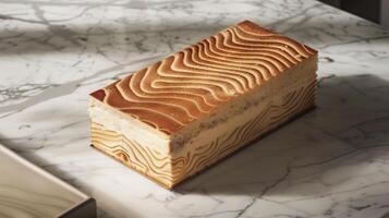 Rectangular cake, uncut, with a patterned top, positioned on a marble countertop, culinary photography photo