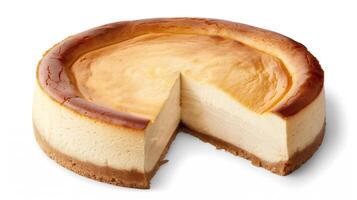 Round cheesecake with solid crust base and smooth, even filling, culinary photography photo