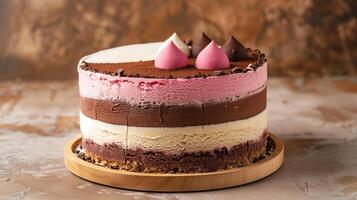 Round cake with alternating ice cream and cake layers in cross-section, food photography photo