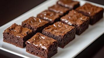 Row of brownie squares arranged on a rectangular serving platter, culinary photography photo