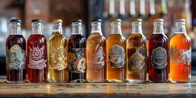 Row of assorted fermented beverage bottles with unique labels on wooden surface, food photography photo