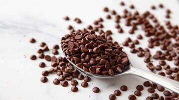 Spoonful of chocolate jimmies resting on a smooth, light-colored surface, without other elements, food photography photo