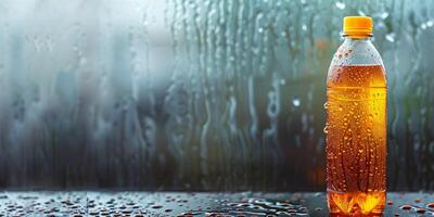 Sports drink bottle with condensation on a metallic surface, food photography photo